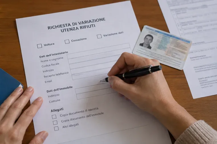 Mani compilano un modulo per una pratica relativa all’utenza rifiuti, con documento di identità e dati dell’immobile sul tavolo