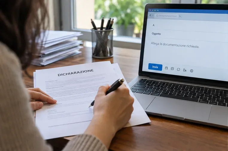 Dichiarazione TARI firmata accanto a un computer con un messaggio e-mail pronto per l’invio degli allegati