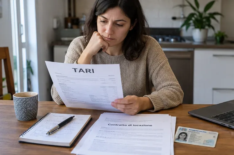 Donna che confronta un avviso TARI con un contratto di locazione prima di decidere quale pratica presentare