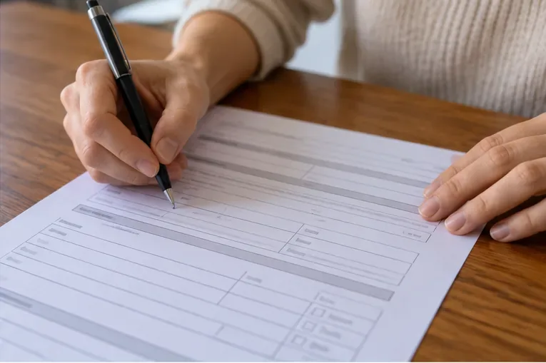 Mani che compilano con una penna un modulo cartaceo con campi anagrafici e dati dell’immobile