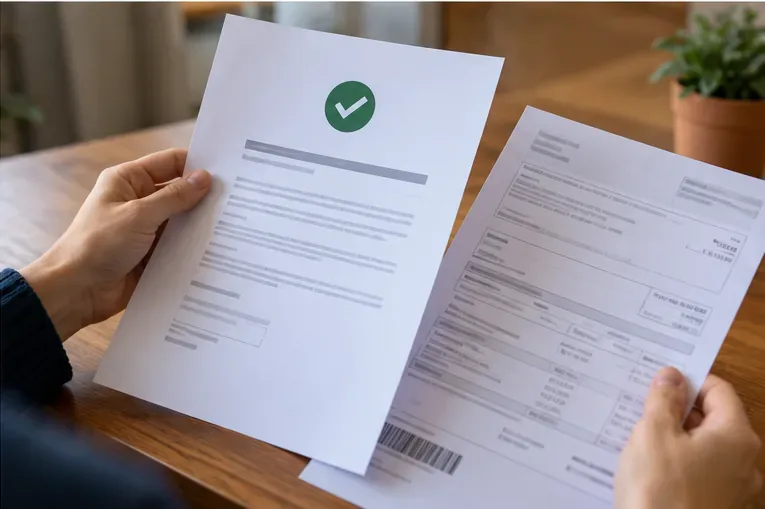 Persona che confronta una conferma con segno di spunta e un documento amministrativo stampato
