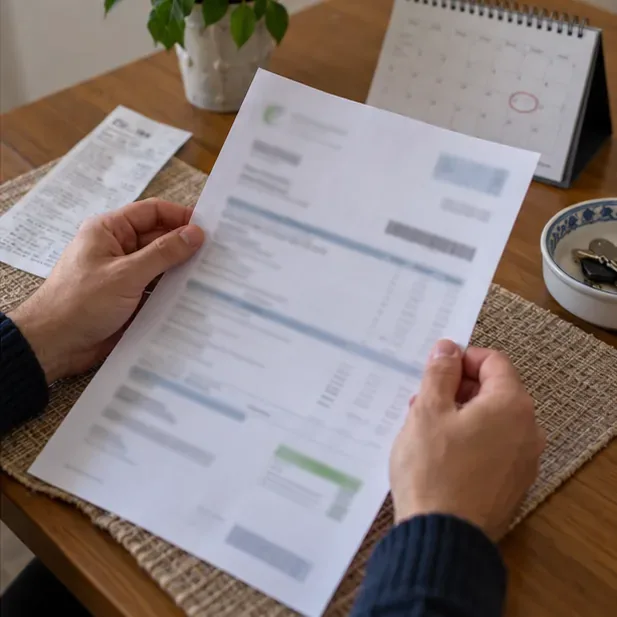 Una persona controlla una fattura del servizio rifiuti accanto a un calendario, con i dati stampati sfocati.