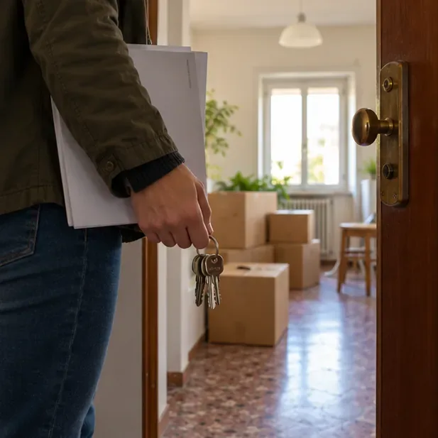 Una persona entra in un appartamento italiano con le chiavi in mano e una cartellina di documenti.