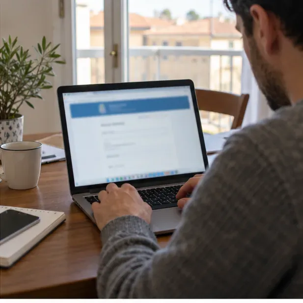 Una persona consulta un modulo online da un computer portatile, con il testo sullo schermo non leggibile.