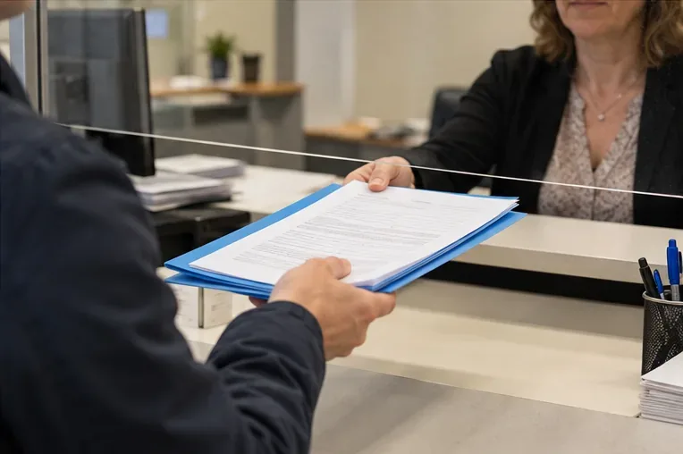 Contribuente che consegna una cartellina con documenti a un'impiegata allo sportello