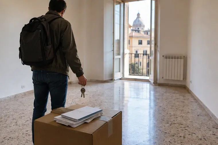 Una persona lascia un appartamento romano vuoto con le chiavi in mano e una scatola di documenti