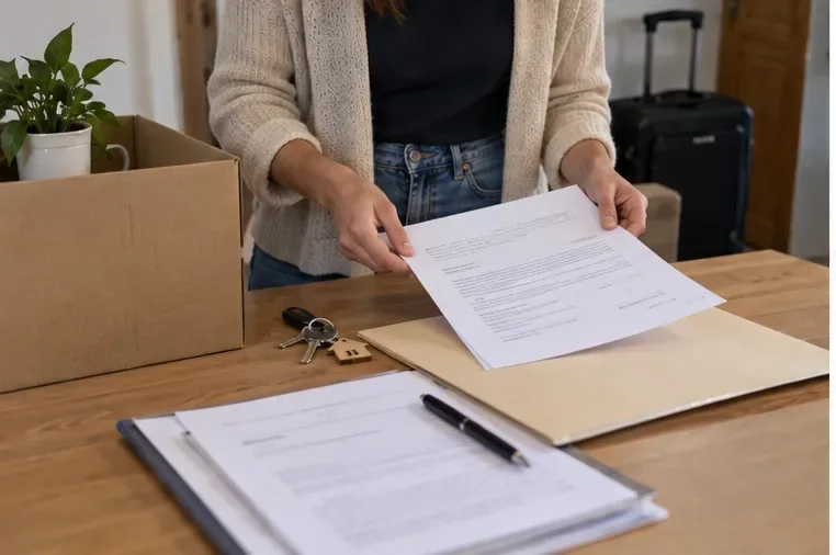 Una persona prepara documenti di fine locazione accanto a chiavi, scatolone e valigia prima di chiedere la cessazione TARI