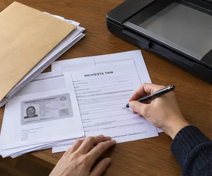 Modulo TARI firmato accanto a documento d'identità e scanner, pronto per l'invio senza autenticazione