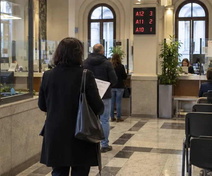 Persone in attesa davanti a sportelli di un ufficio pubblico con sistema elimina-code