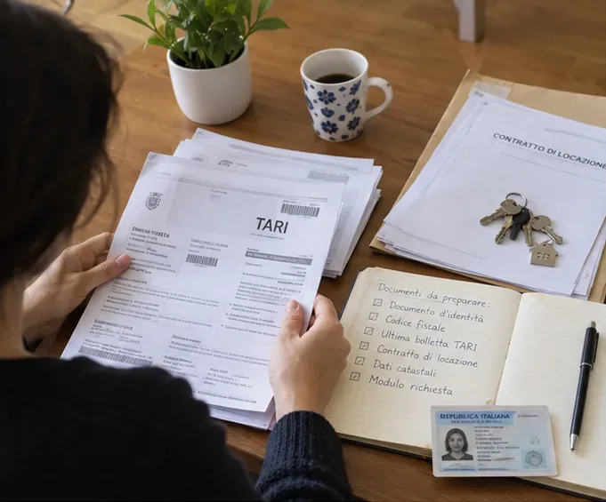 Documenti TARI, contratto di locazione, chiavi e documento d'identità preparati su un tavolo prima della pratica