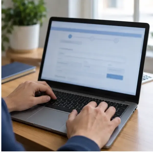 Mani che compilano su un portatile una pratica online per un servizio di igiene urbana
