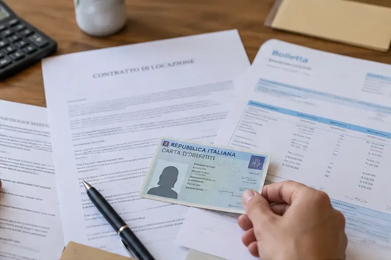 Contratto di locazione, bolletta e documento di identità preparati per una pratica amministrativa