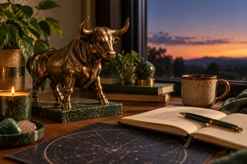 Bronze bull statue, journal, candle, crystals and star chart on a warm desk beside a twilight window