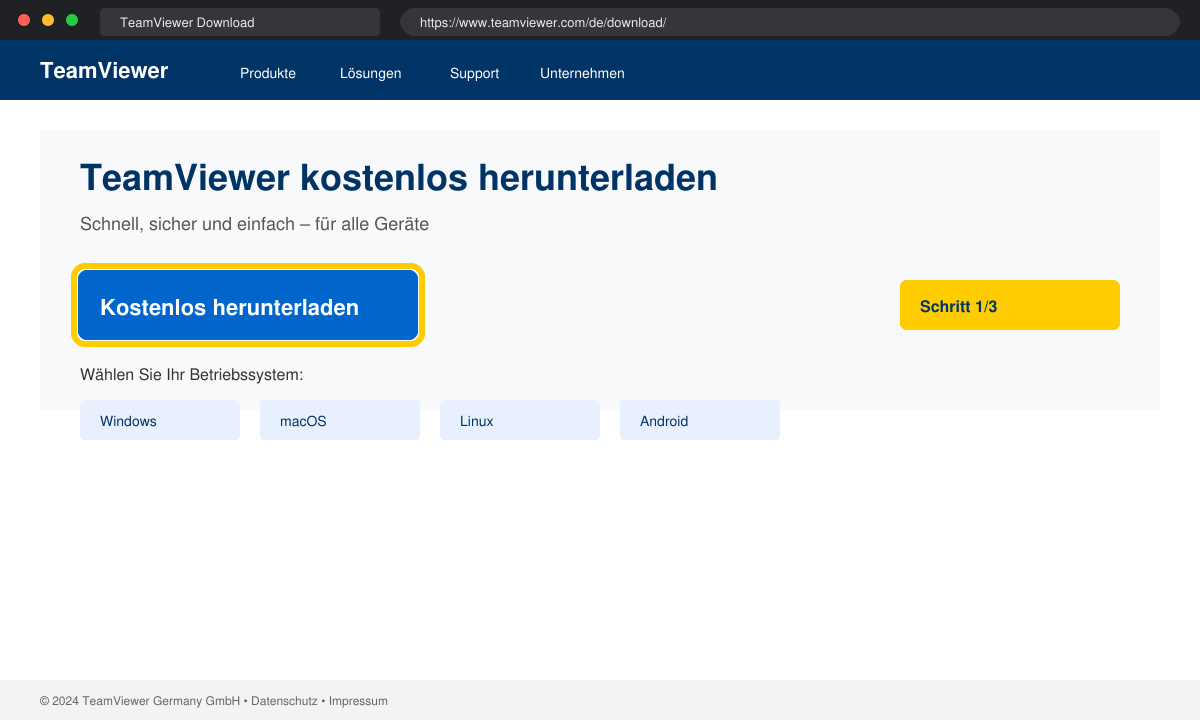 Browserfenster mit der TeamViewer-Download-Seite und markiertem Button