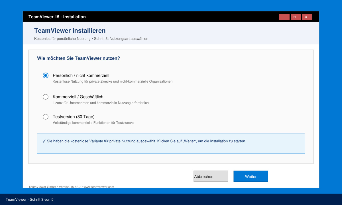 Installationsfenster mit Auswahl der kostenlosen Nutzung