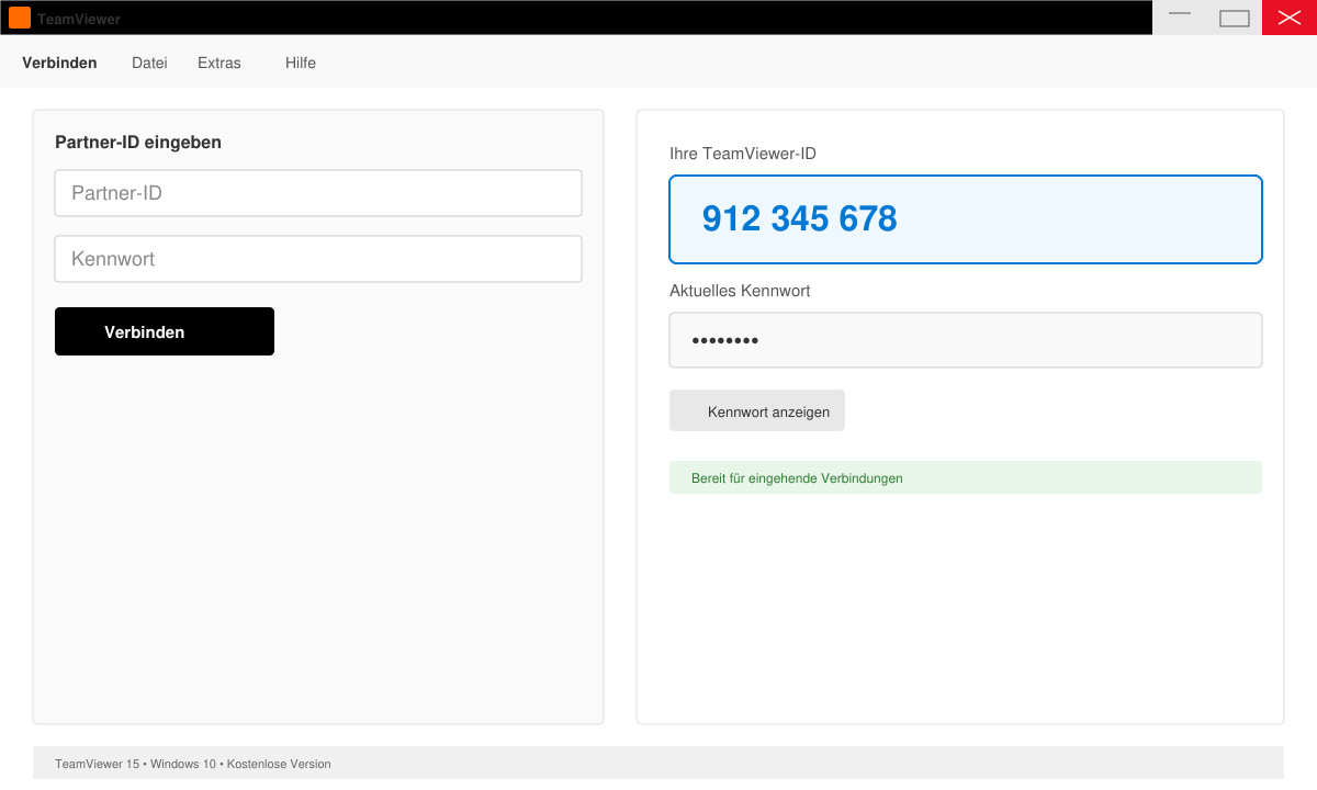 TeamViewer-Oberfläche mit angezeigter Partner-ID auf Windows 10