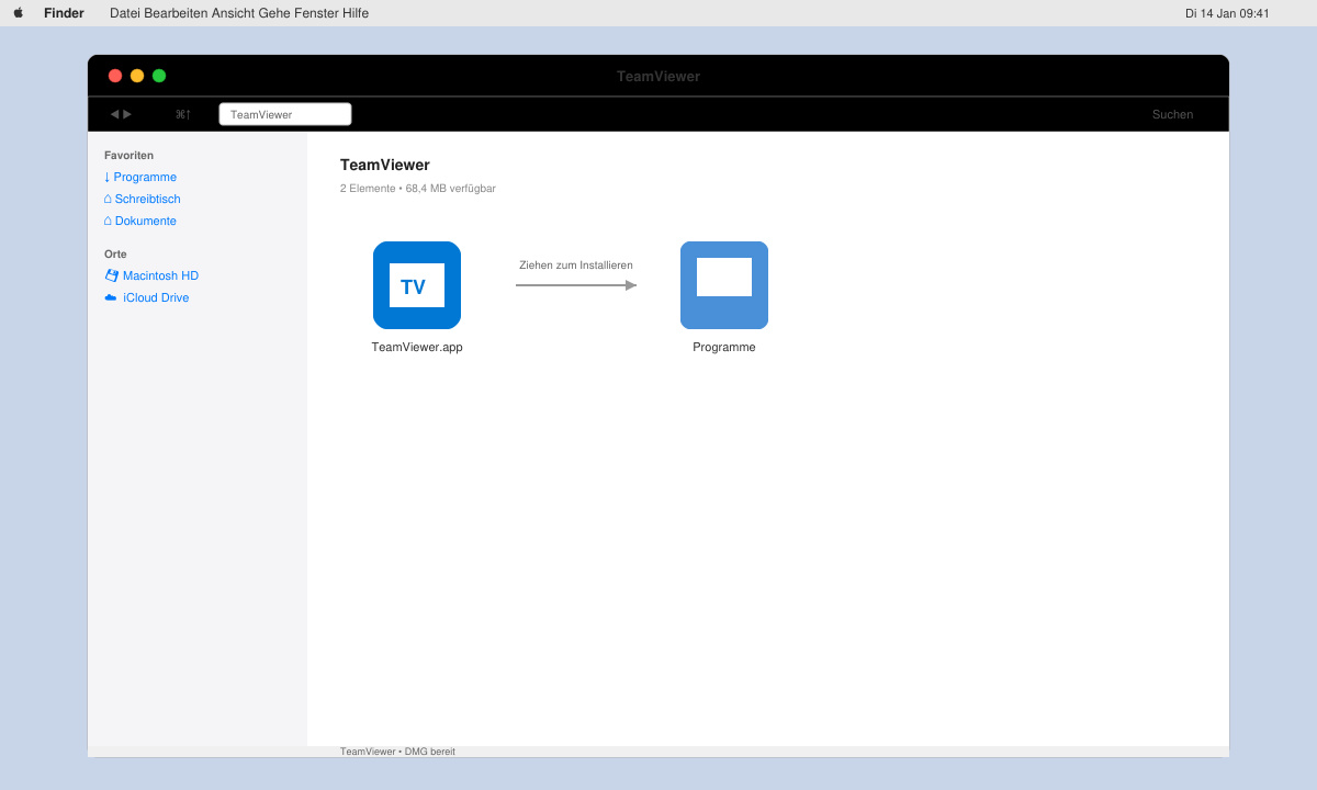 Finder-Fenster mit TeamViewer-DMG-Datei und Programme-Ordner