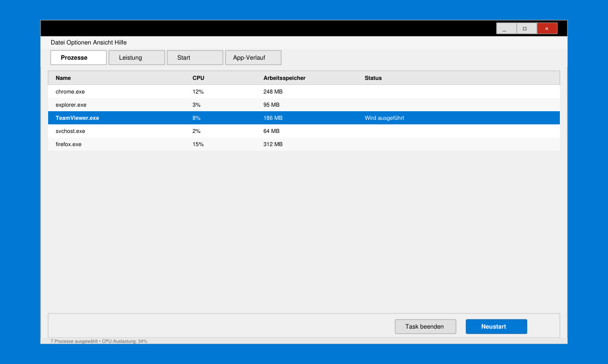 Task-Manager-Fenster mit hervorgehobenem TeamViewer-Prozess und Neustart-Button