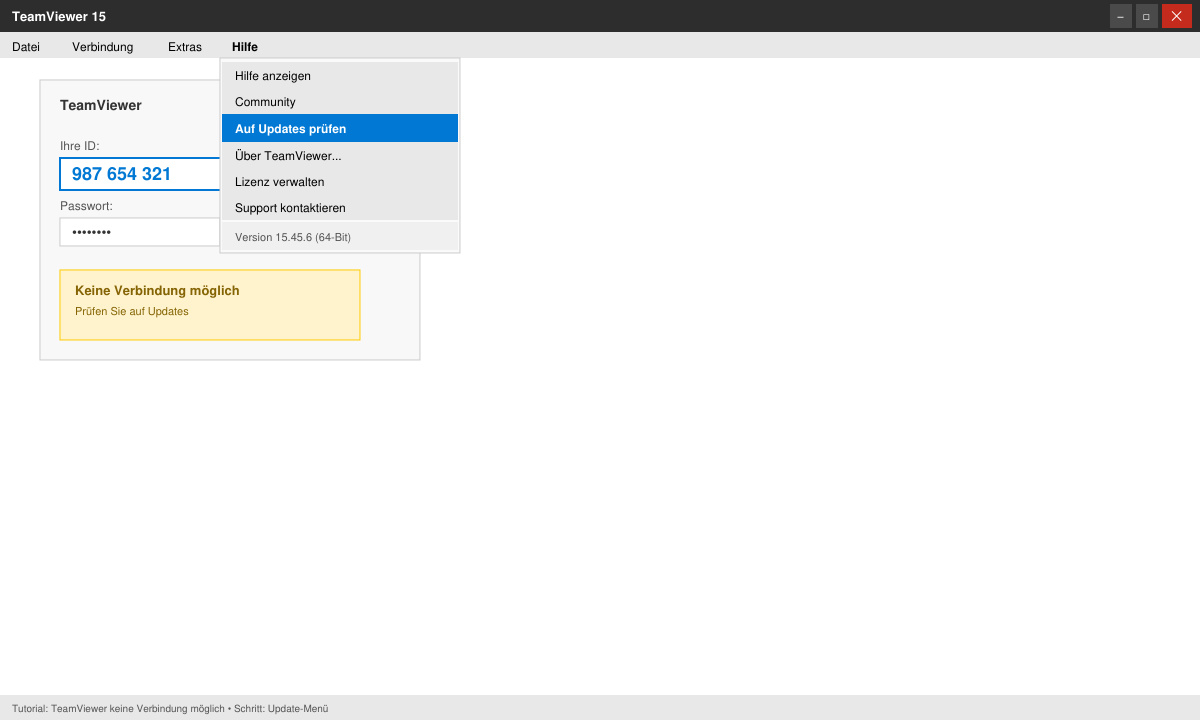 TeamViewer-Hilfe-Menü mit markierter Update-Option und Versionsnummer