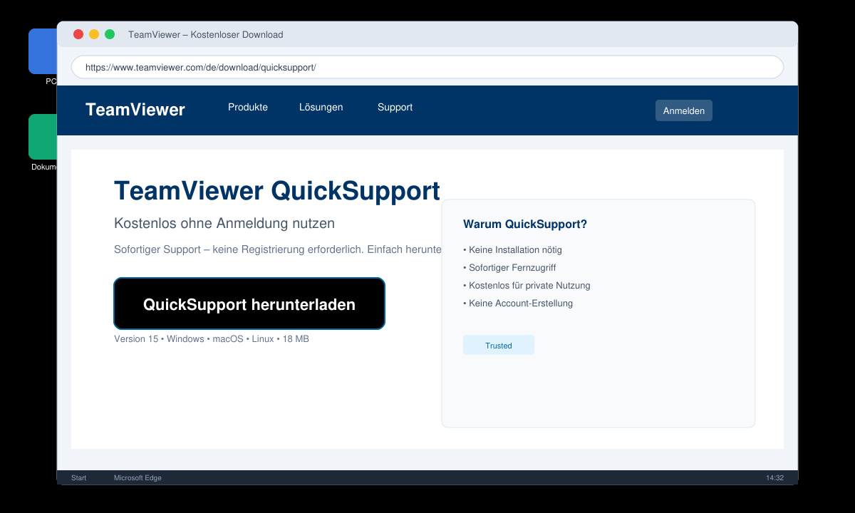 Download-Seite mit hervorgehobener QuickSupport-Schaltfläche