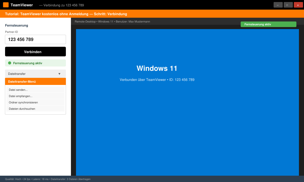 TeamViewer-Fenster mit ID-Eingabefeld und aktiver Verbindung