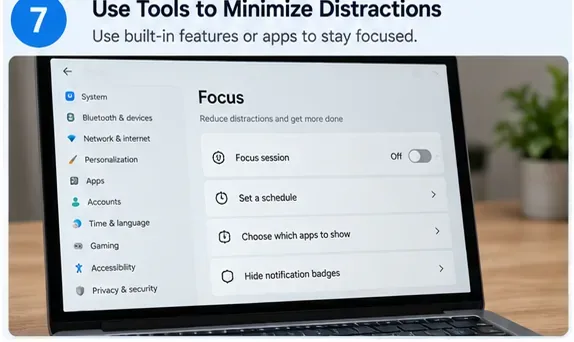 A laptop displaying a Focus settings panel for scheduling a focus session and reducing notifications