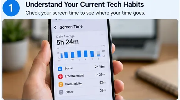 A smartphone screen-time dashboard showing daily use categories and a multi-hour daily average