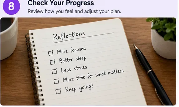 A reflection notebook with checkboxes for focus, sleep, stress, time for priorities, and continuing the plan