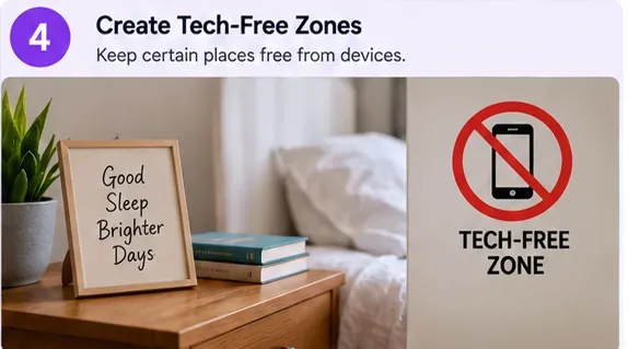 A calm bedroom bedside table with books and a tech-free zone sign showing a crossed-out phone