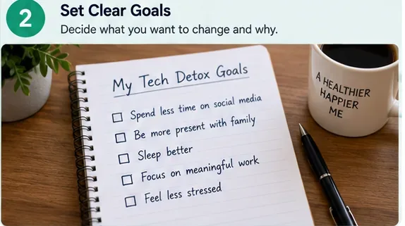 A notebook titled My Tech Detox Goals with goals for social media, family presence, sleep, meaningful work, and stress