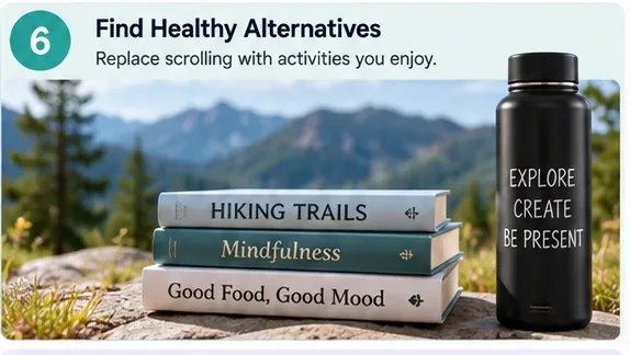 Books about hiking, mindfulness, and cooking beside a reusable water bottle in a mountain setting
