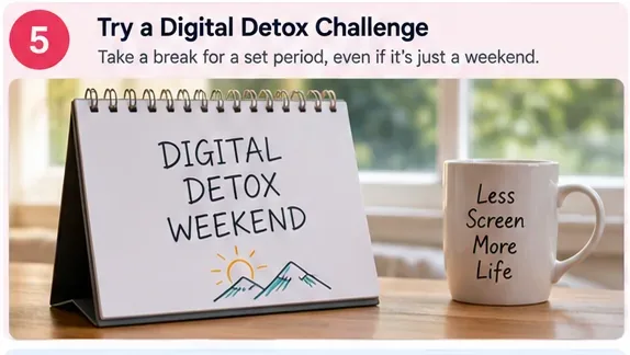 A desk calendar reading Digital Detox Weekend next to a mug that says Less Screen More Life