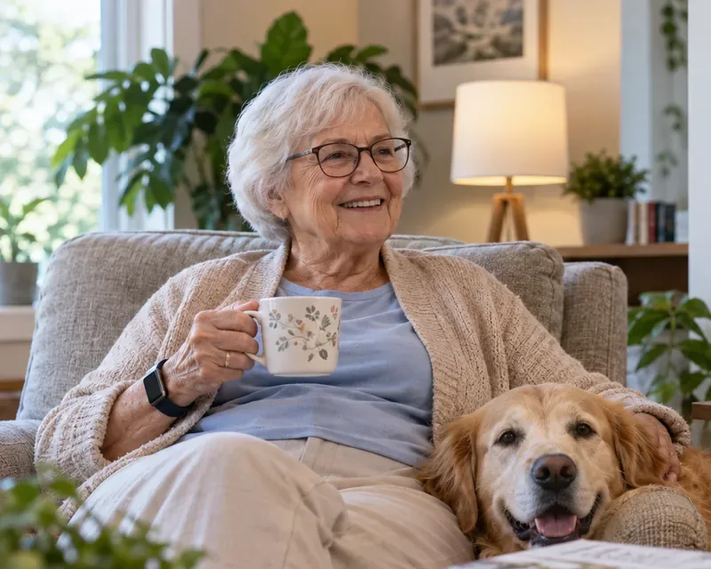 An older woman relaxing at home while wearing a smartwatch, with a dog beside her in a bright living room