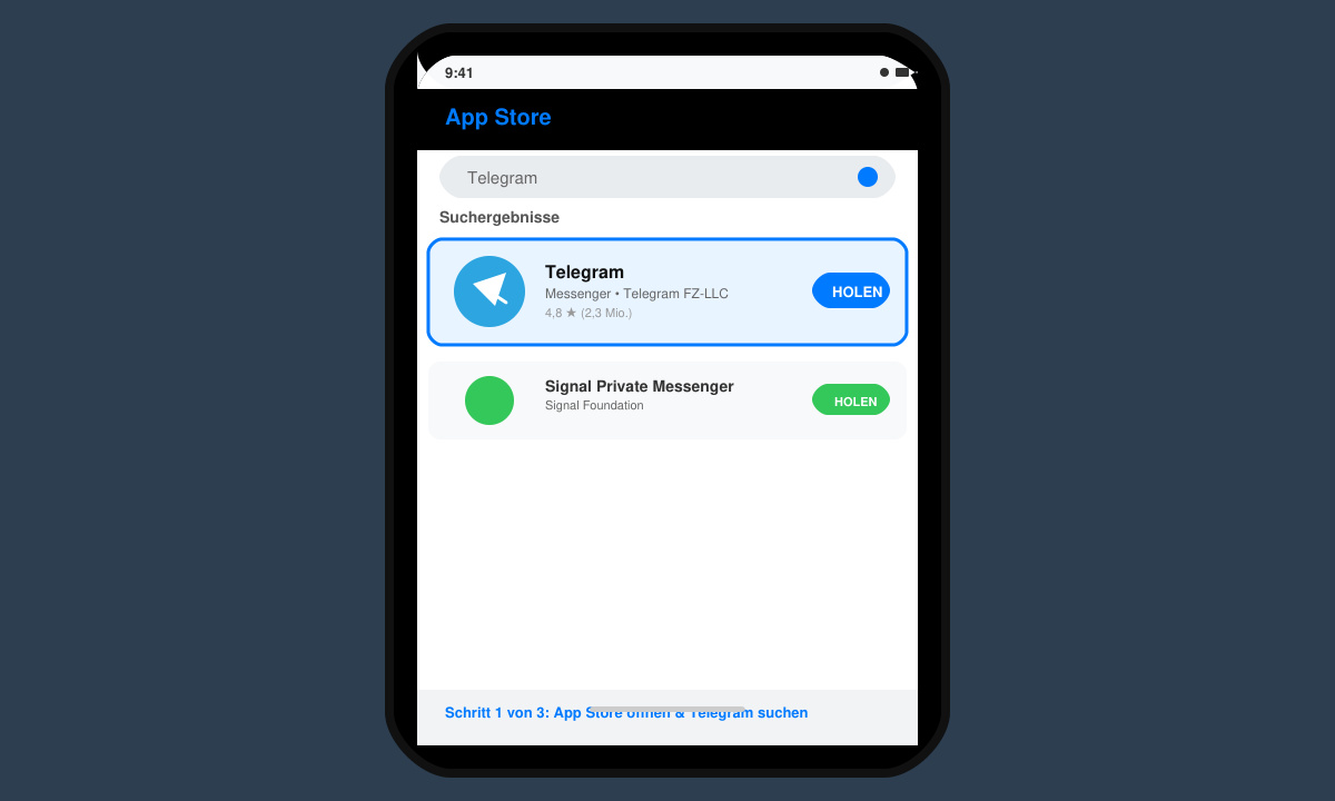 Smartphone-Bildschirm mit geöffnetem App Store und hervorgehobenem Telegram-Eintrag