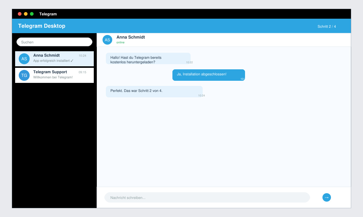 Desktop-Fenster mit installiertem Telegram-Client und geöffnetem Chat