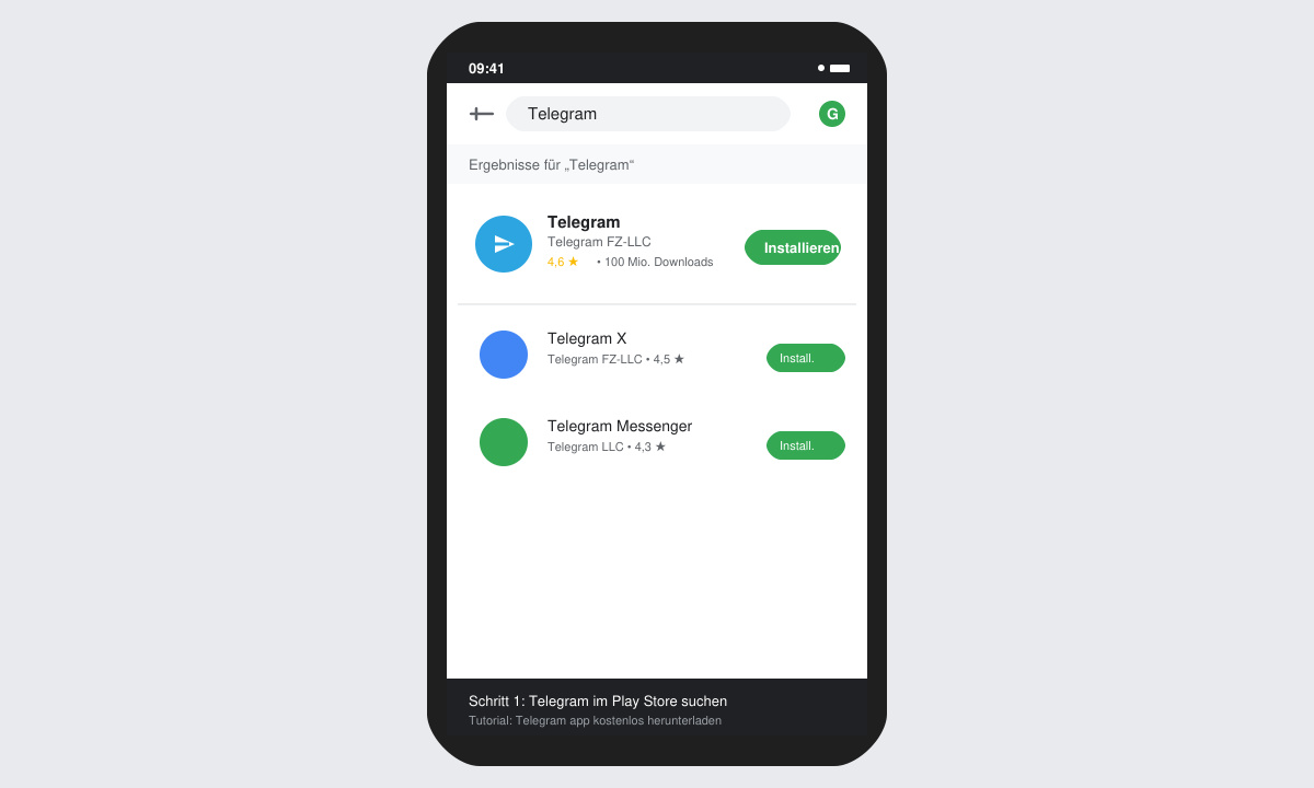 Nahaufnahme eines Android-Smartphones, das den Google Play Store mit der Suchergebnisseite für Telegram zeigt