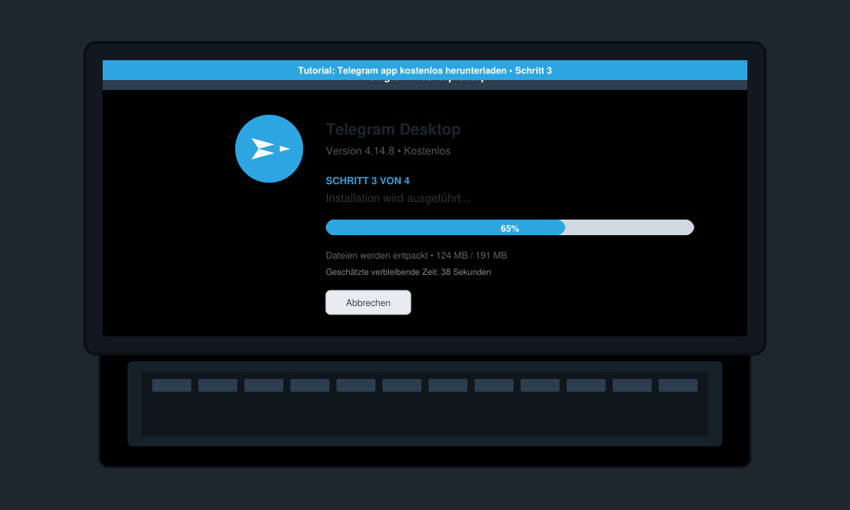Installationsfortschrittsanzeige auf einem Laptop-Bildschirm mit dem Telegram-Logo und Fortschrittsbalken