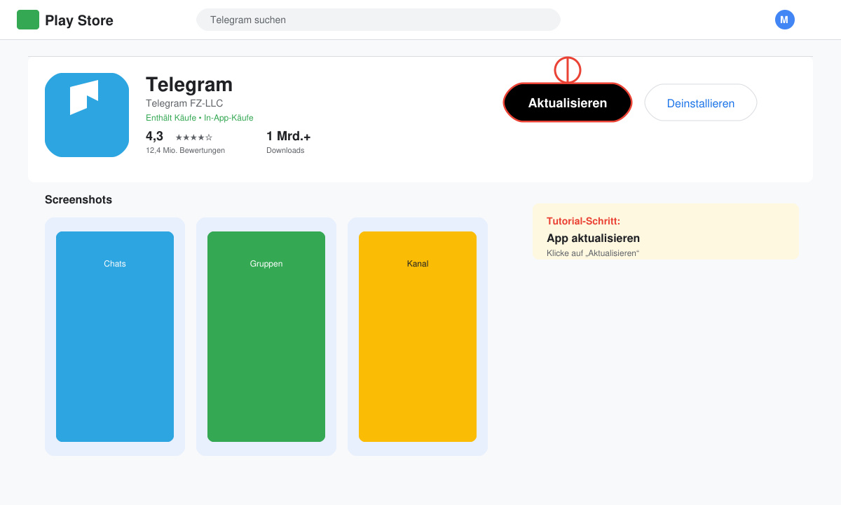 Google Play Store Seite mit der Telegram App und dem Aktualisieren-Button