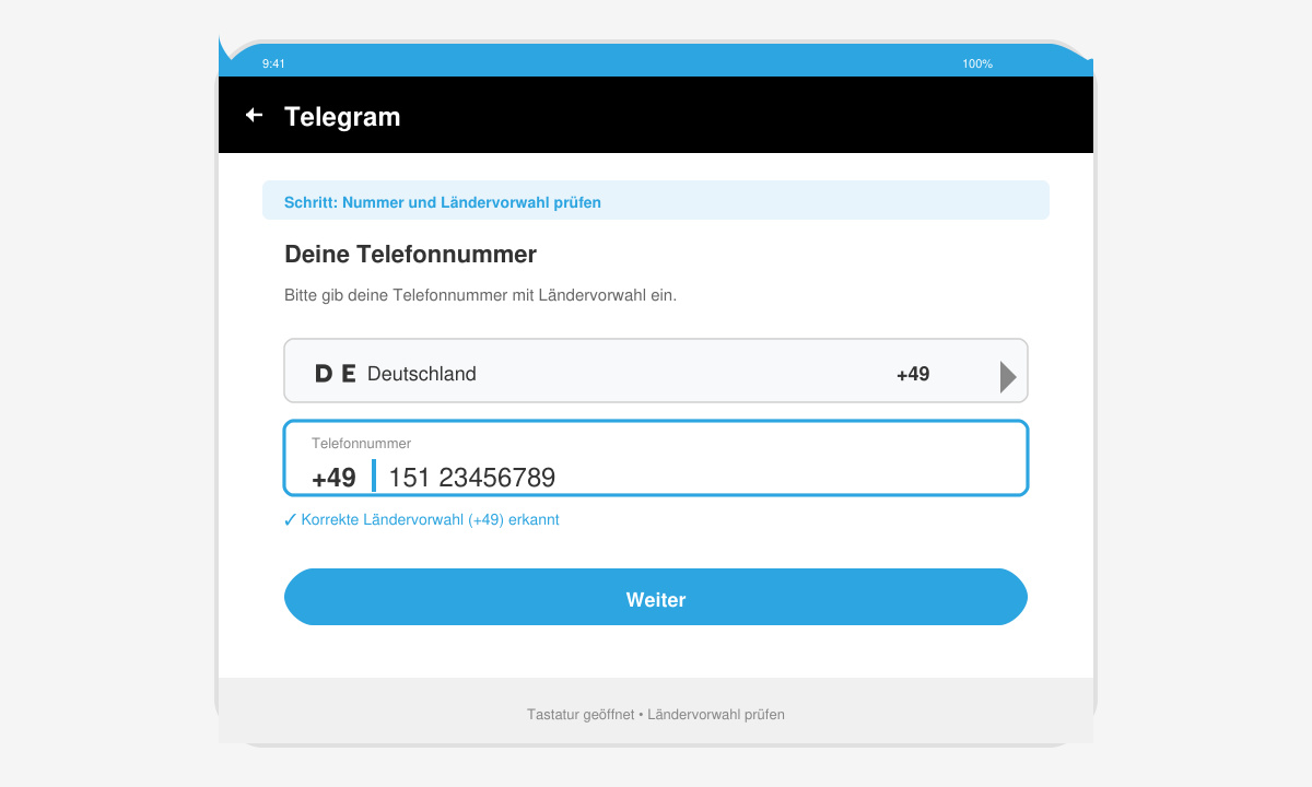 Nahaufnahme des Eingabefelds für die Telefonnummer in der Telegram-App mit korrekter Ländervorwahl