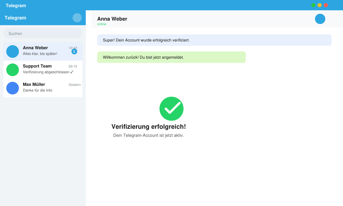 Erfolgsbildschirm in Telegram nach erfolgreicher Eingabe des Verifizierungscodes