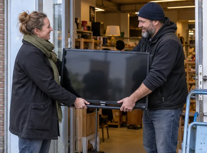 Twee volwassenen dragen samen een televisie een kringloopwinkel binnen.