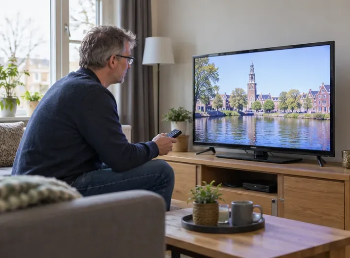 Een man kijkt naar een werkende televisie in een woonkamer voordat hij beslist of het toestel nog bruikbaar is.