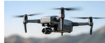 A commercial multirotor drone with a stabilized camera payload flying against a mountain background.