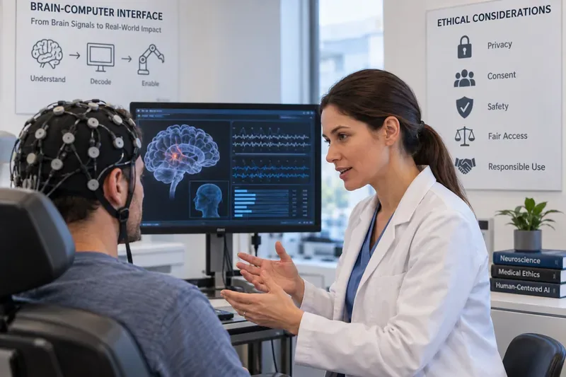 A clinician discusses a brain-computer interface session with a patient wearing a noninvasive EEG cap in a modern medical research setting.