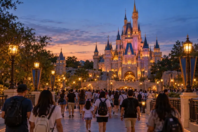 Visitors walk toward an illuminated fairytale-style castle along a theme park entrance at dusk.