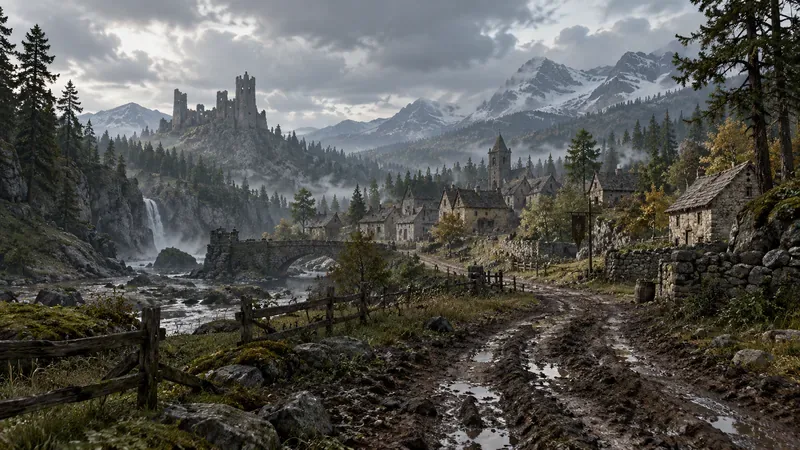 Ein schlammiger Weg führt durch eine neblige mittelalterliche Landschaft zu einem Dorf; im Hintergrund steht eine Burgruine.