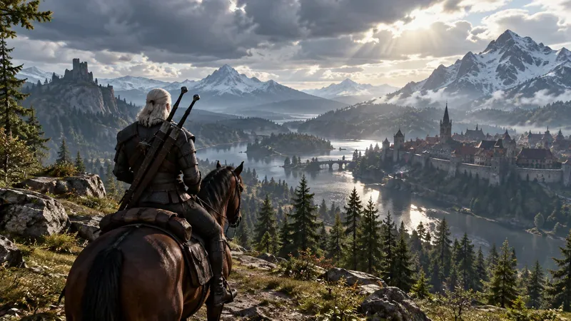A silver-haired monster hunter on horseback overlooking a mountainous medieval landscape, evoking the scale and atmosphere of The Witcher 3 Remastered
