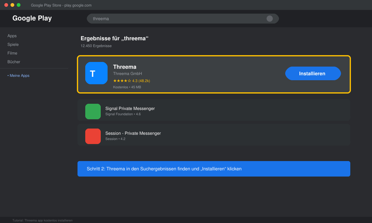 Screenshot der Store-Suche mit hervorgehobener Threema App und Installieren-Button