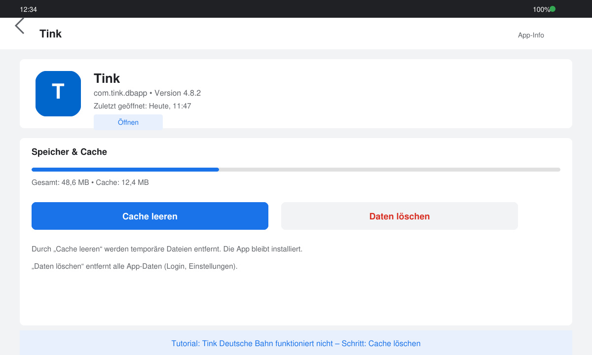 Cache der Tink App löschen