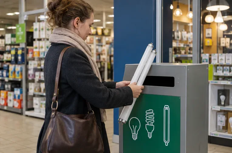 Een klant levert twee hele tl-buizen in bij een speciale lampeninzamelbak in een winkel